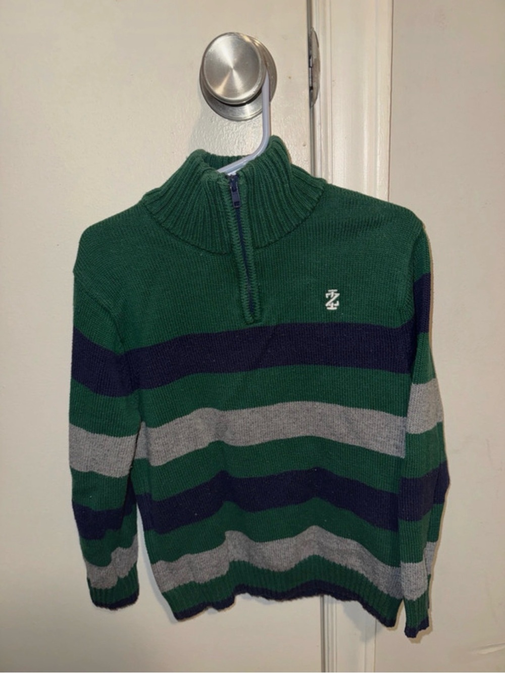 Izod Green, Navy & Gray Striped Quarter-Zip Sweater